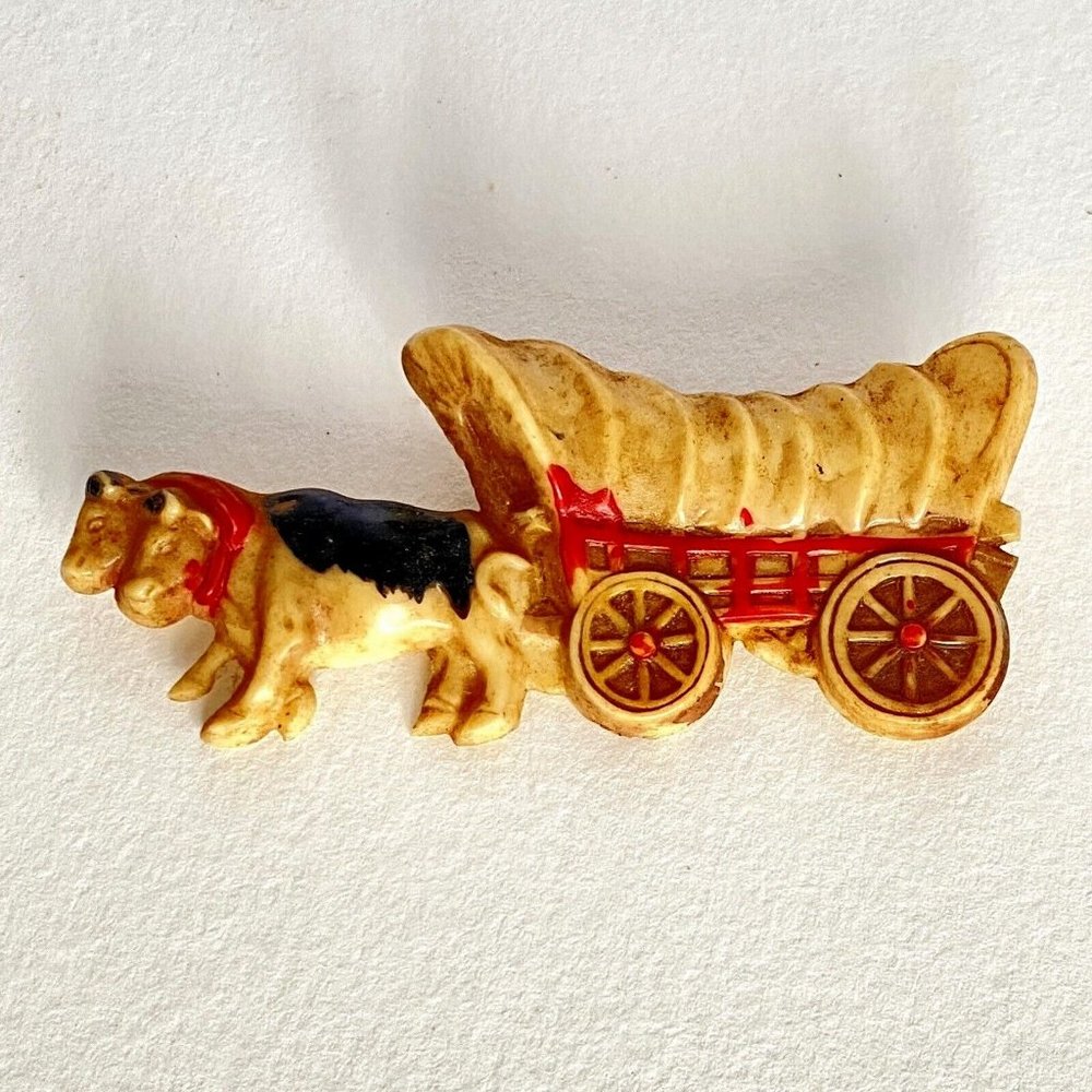 C1940 Celluloid Oxen Pulling Covered Wagon Hook B… - image 2